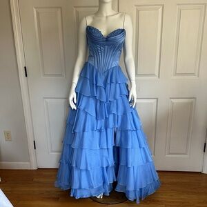 Sherri Hill Blue Ruffled Strapless Evening Gown Prom Dress worn once